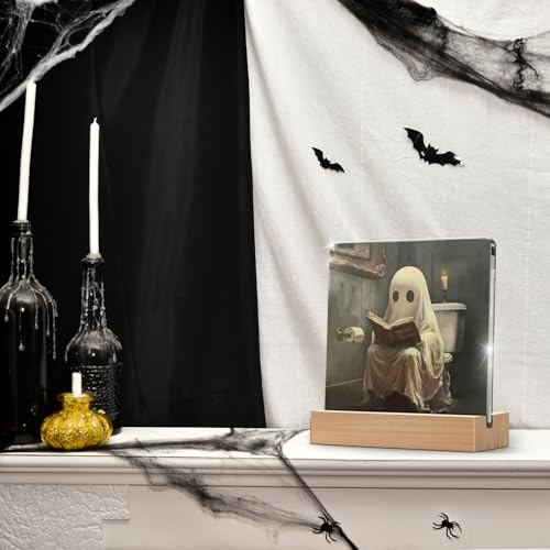 Halloween Ghost Decor Gift Acrylic Plaque with Wooden Stand for Home & Bathroom
