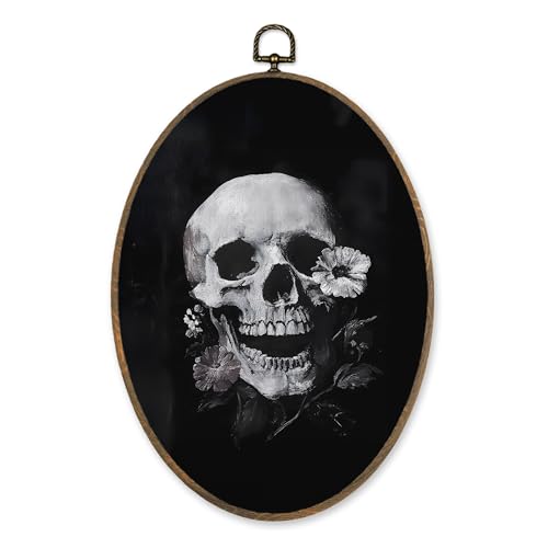 Gothic Skull Wall Art - Dark Gothic Oval Canvas Decor for Home & Bedroom