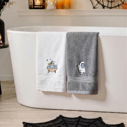 Halloween Hand Towels Set of 2 – Ghost Embroidered Cotton Bathroom and Kitchen Decor – Gray and White, Medium Variation