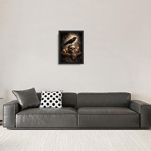 Gothic Crow Wall Art Canvas Print - Raven Skull Dark Academia Decor 16"L x 12"W - Black Frame