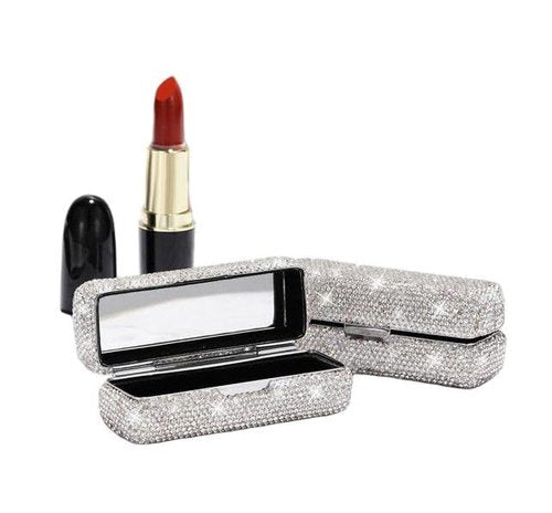 Bestbling Lipstick Bling Rhinestone Crystal Case Storage Organizer Box with Mirror for Women's Lipstick Holder-Cosmetic Storage Kit (Full silver)