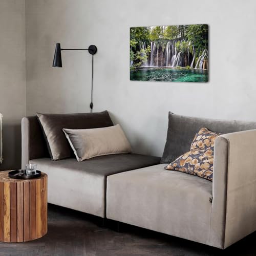Waterfall Canvas Wall Art - Green Forest Landscape, 16x24 Inches - Living Room Decor