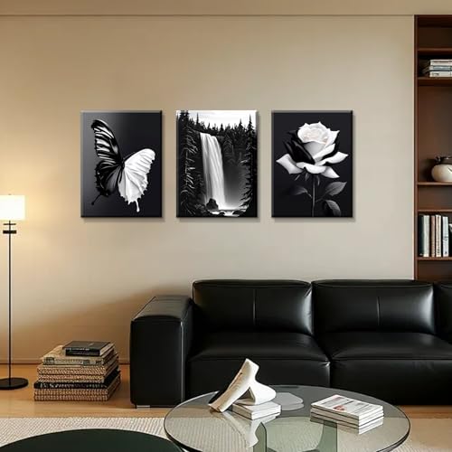 Black and White Butterfly and Flowers Wall Art - Ready to Hang Landscape Decor