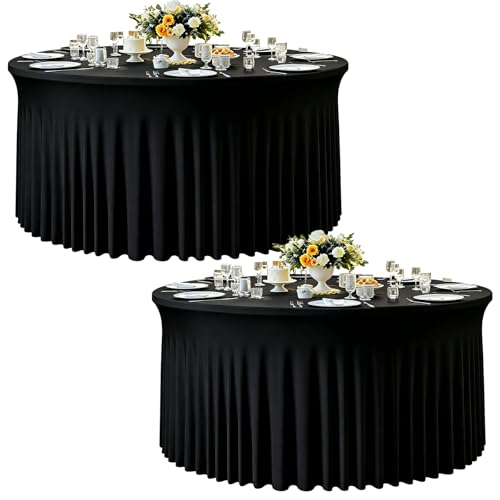 Black 120 Inch Round Fitted Tablecloth Set for 5ft Tables - 2 Pack