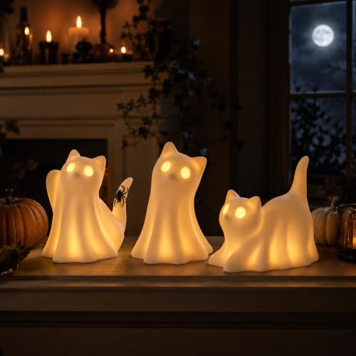 3-Pack Ceramic Ghost Cat Halloween Figurines - Indoor Tabletop Decor