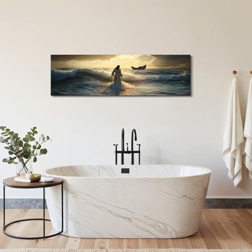 Jesus Walking on Water Canvas Wall Art - 14x48 Inch Religious Home Decor - Variation: Jesus01