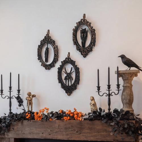 Gothic Halloween Wall Decor Set - Ornate Resin Oval Frames with Bat, Ghost & Spider Reliefs, 3 Pieces