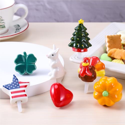 All Holiday Hand-Painted Ceramic Cake Toppers - Set of 7 for Party Decorations