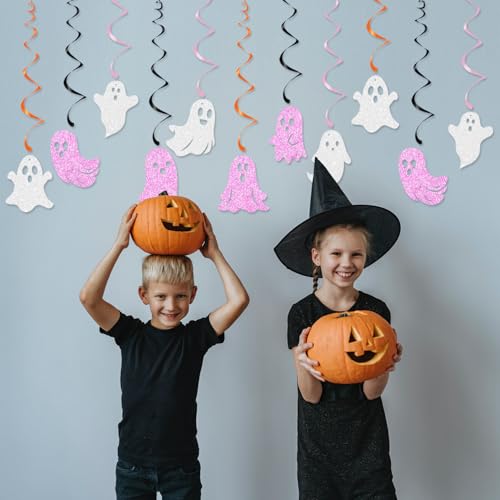 Halloween Ghost Hanging Swirl Decorations - White & Pink Glittery Party Decor Set of 24