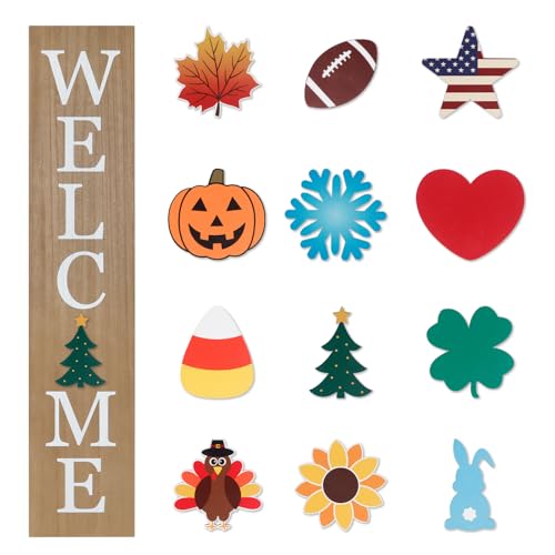Wood Interchangeable Welcome Sign for Porch - 45x9 Inches with 12 Holiday Icons