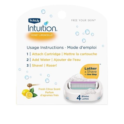 Schick Intuition - Lather & Shave In One Stop - Honey Limoncello, Fresh Citrus Scent - Women's Razor Blade Refills - 3 Ct Pack of 4 = 12 Cartridges, Vary