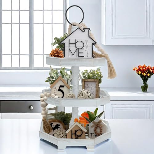 Hexagonal White 3-Tiered Farmhouse Serving Tray Stand - Decorative Wooden Cupcake Display