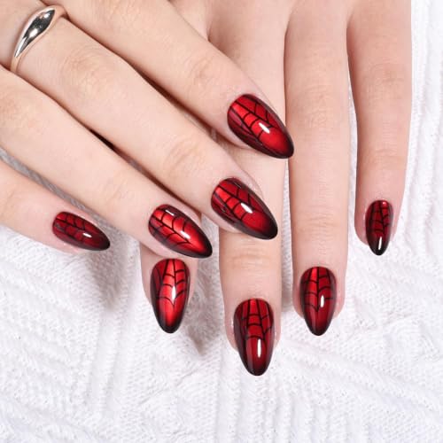 Red Cat Eye Press On Nails - Spider Web Short Almond Design - Variation 08D-Spider