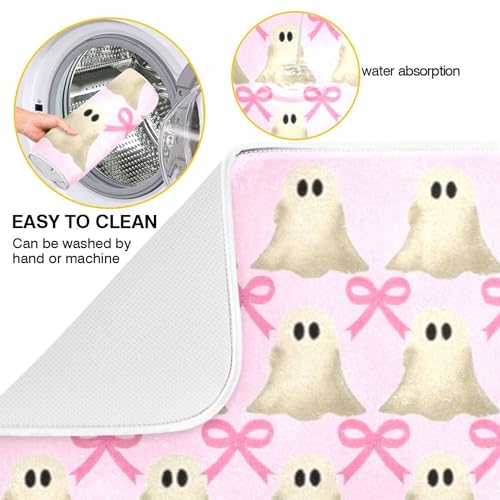 Pink Halloween Ghost Bow Dish Drying Mat - 18x24 Reusable Microfiber Kitchen Countertop