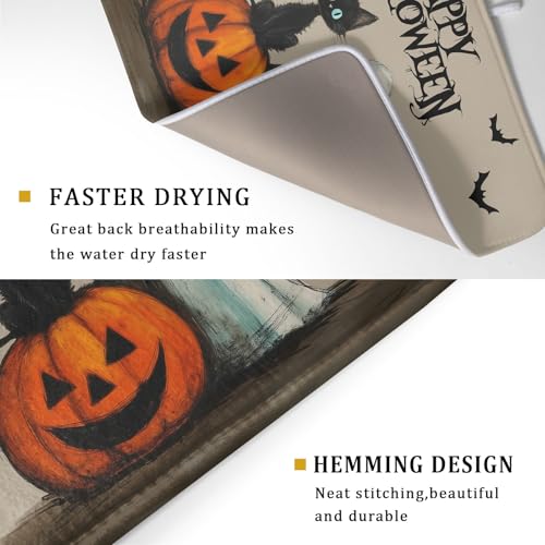 Halloween Black Cat Dish Drying Mat 18x24 Inch - Ghost Pumpkin Spiderweb Pattern