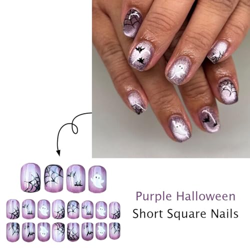 Halloween Fake Nails Short Square Press-On Nails with Bat Spider Web Ghost Design Purple Cat Eyes - 24 Pcs, Variation of Nails-266