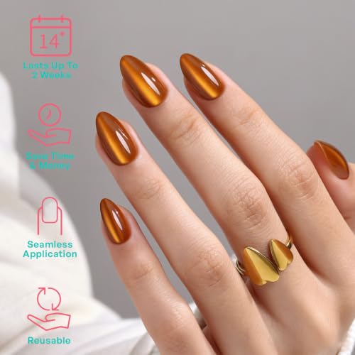 Short Almond Press-On Nails - Burnt Orange Cat Eye Nails - Maple Syrup 1E