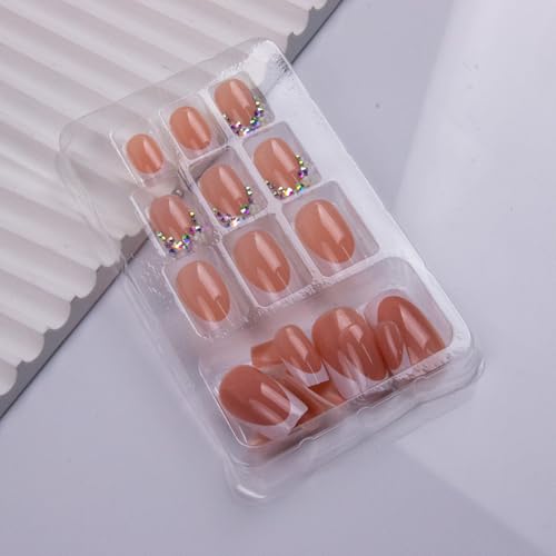 Square Press On Nails Short Fake Nails with Rhinestones French Tip Style 8