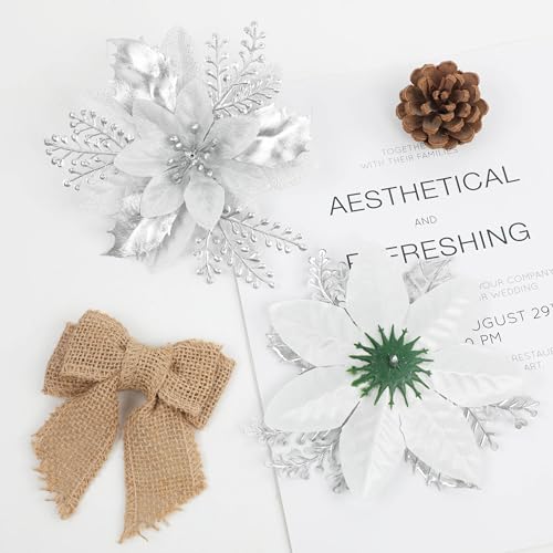 Silver Glitter Poinsettia Christmas Tree Decorations - 24 Pack, 6 Inch Holiday Ornaments with Clips