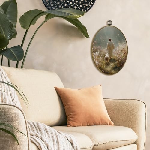 Christian Wall Art Decor Jesus and Lamb Oval Canvas Print - Religious Home Decor