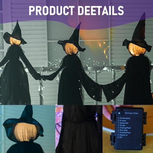 Halloween Witch Decorations Outdoor - 5 FT Set of 3 Light Up Witches Stakes - Black