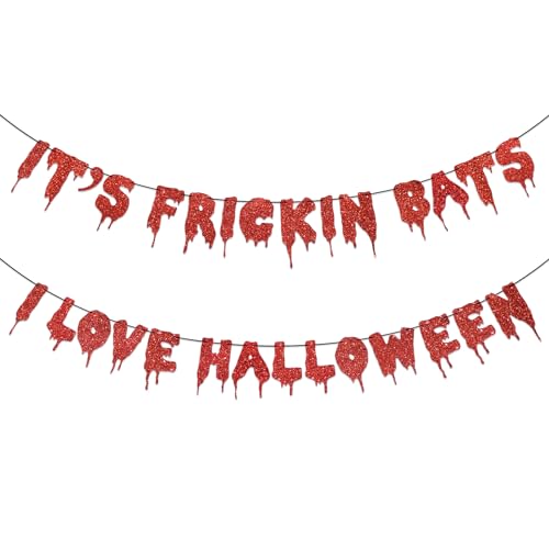 Red Glitter Halloween Banner - It's Frickin Bats Wall Decor Party Garland