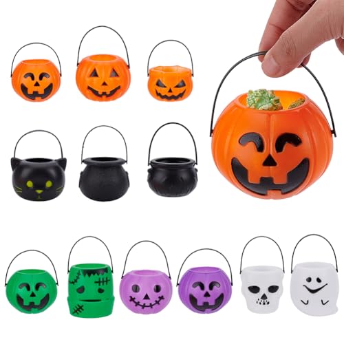 Mini Halloween Candy Holder Set - Pumpkin Ghost Cauldron Buckets in 5 Colors, 12-Pack