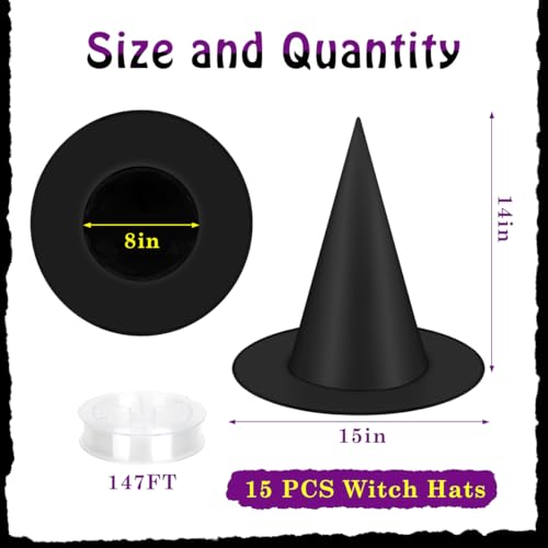 15 Pcs Halloween Black Witch Hats Set with Hanging Rope - Decorative Costume Accessories