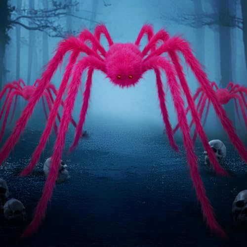 Pink Halloween Giant Spider Decorations Set - 10 Ft & 5 Ft Spiders for Indoor Outdoor Decor
