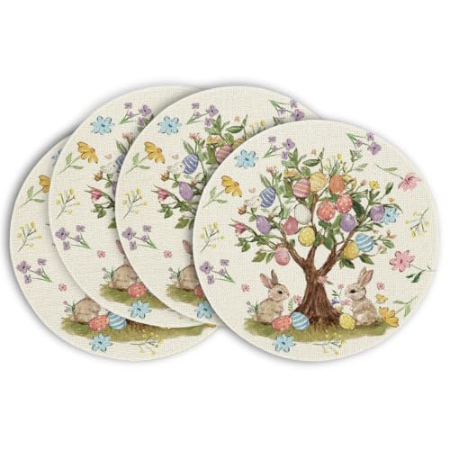14 Inch Round Easter Placemat Set of 4 - Bunny Rabbit Egg Tree Flowers