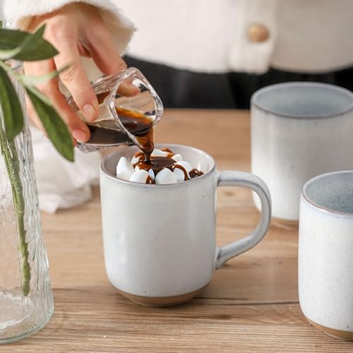 White Ceramic Coffee Mug Set of 4 - 14oz Large Handle Stoneware Tea Cups for Latte & Cappuccino