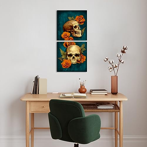 Gothic Skull Wall Art Set - 2 Canvas Prints with Roses for Home Decor