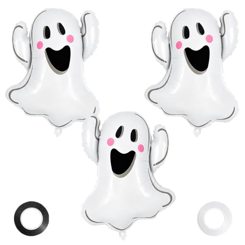3 Pcs Halloween Ghost Balloons - White Foil Large Mylar Party Decor