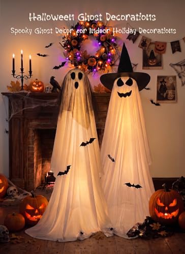 Minetom 2 Pack 5 FT Halloween Ghost Decorations Light Up Ghosts with Tripods & Remote - Veil-Witch Hat / 59in