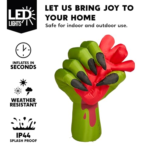 5 Ft Halloween Inflatable Zombie Hand with Pumping Heart & LED Lights for Yard Decor