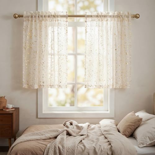 White Tier Curtains 52x36 Inch Pack of 2 - Gold Sequin Window Drapes