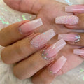 Pink Press On Nails - Long Square Coffin Fake Nails with Rhinestone Design, 3-Pink Gradient Variation, 24Pcs
