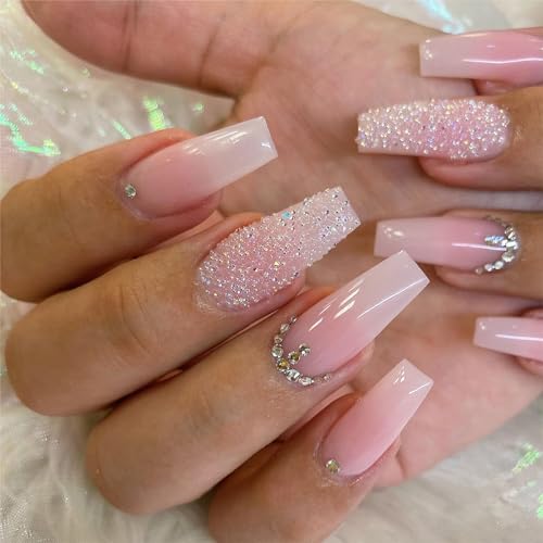 Pink Press On Nails - Long Square Coffin Fake Nails with Rhinestone Design, 3-Pink Gradient Variation, 24Pcs