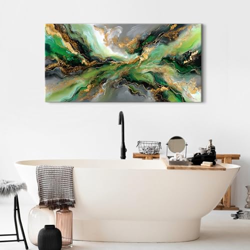 Emerald Green Abstract Wall Art - 40x20 Inch Canvas Painting with Gold Accents - Variation: Abstract03