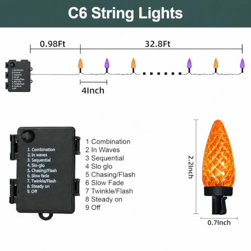 Halloween String Lights Battery Operated 29.5 Ft 100 LEDs C6 Color Change with 8 Modes - Orange