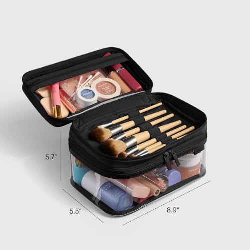 Away Clear Cosmetic Case for Travel, TSA Approved Double Compartment Makeup & Cosmetic Organizer with Leather Handle, Transparent Carry-On Pouch for Toiletries, Brushes & Essentials