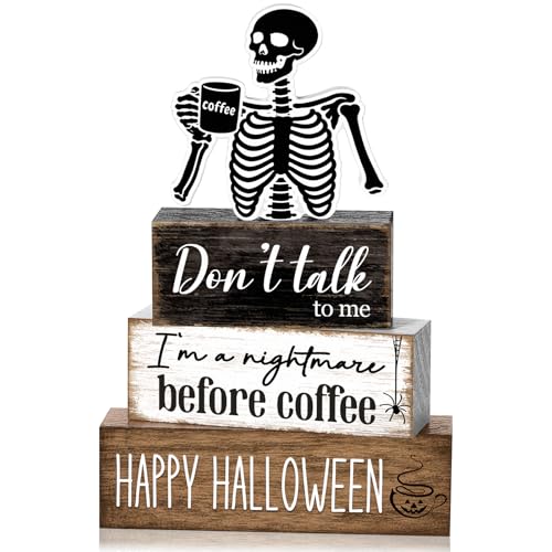 Halloween Skeleton Coffee Bar Decor Set - Wooden Skeleton Tabletop Decor with Nightmare Before Coffee Variant