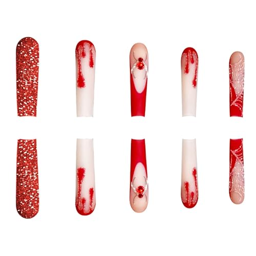 Halloween Press On Nails Long Square with Spider Web Rhinestone Set - Variation 26