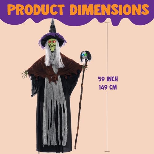 Halloween Hanging Witch Decor with Light-Up Skull Wand Outdoor Spooky Decoration
