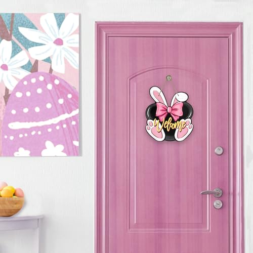 Pink Bunny Welcome Easter Front Door Sign - Bunny Rabbit Ears Wood Hanger