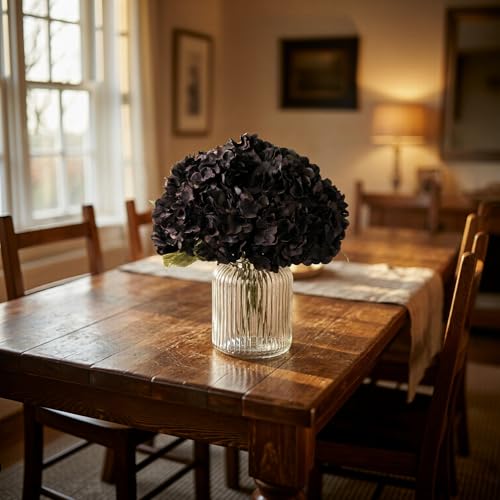 Artificial Hydrangea Flowers Bouquet - 20 Inches Black Silk Blooms, Full Stems, Realistic Decor