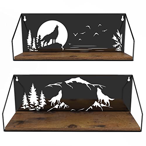 Giftgarden Wolf Shelves - Floating Wall Shelves with Howling Wolves Cutout Rustic Wood and Iron Decor for Cabin Bedroom Bathroom