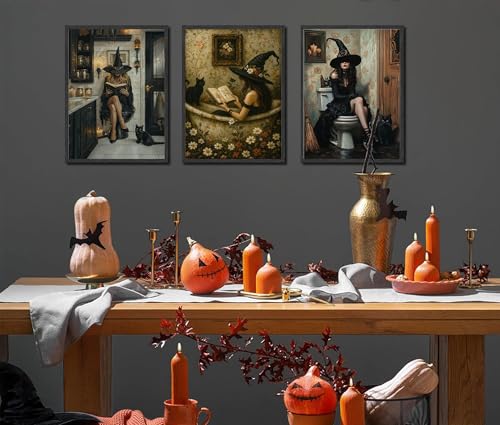 Witch Bathroom Wall Art Poster Set - Gothic Black Cat & Witch Reading in Bathtub, 24x16 Inches, Dark Academia Decor, Halloween & Gothic Home Decor Variation of THIS listing