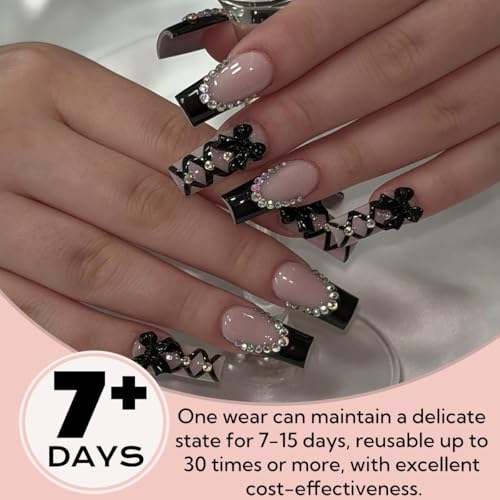 Black Press on Nails Long Coffin Fake Nails with 3D Bow Rhinestones - Style-3