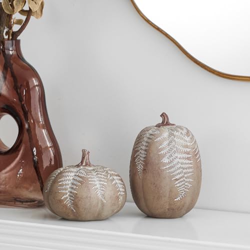 Fall Pumpkin Decorations Set - Brown Faux Pumpkins with Leaf Carving, 2 Pieces